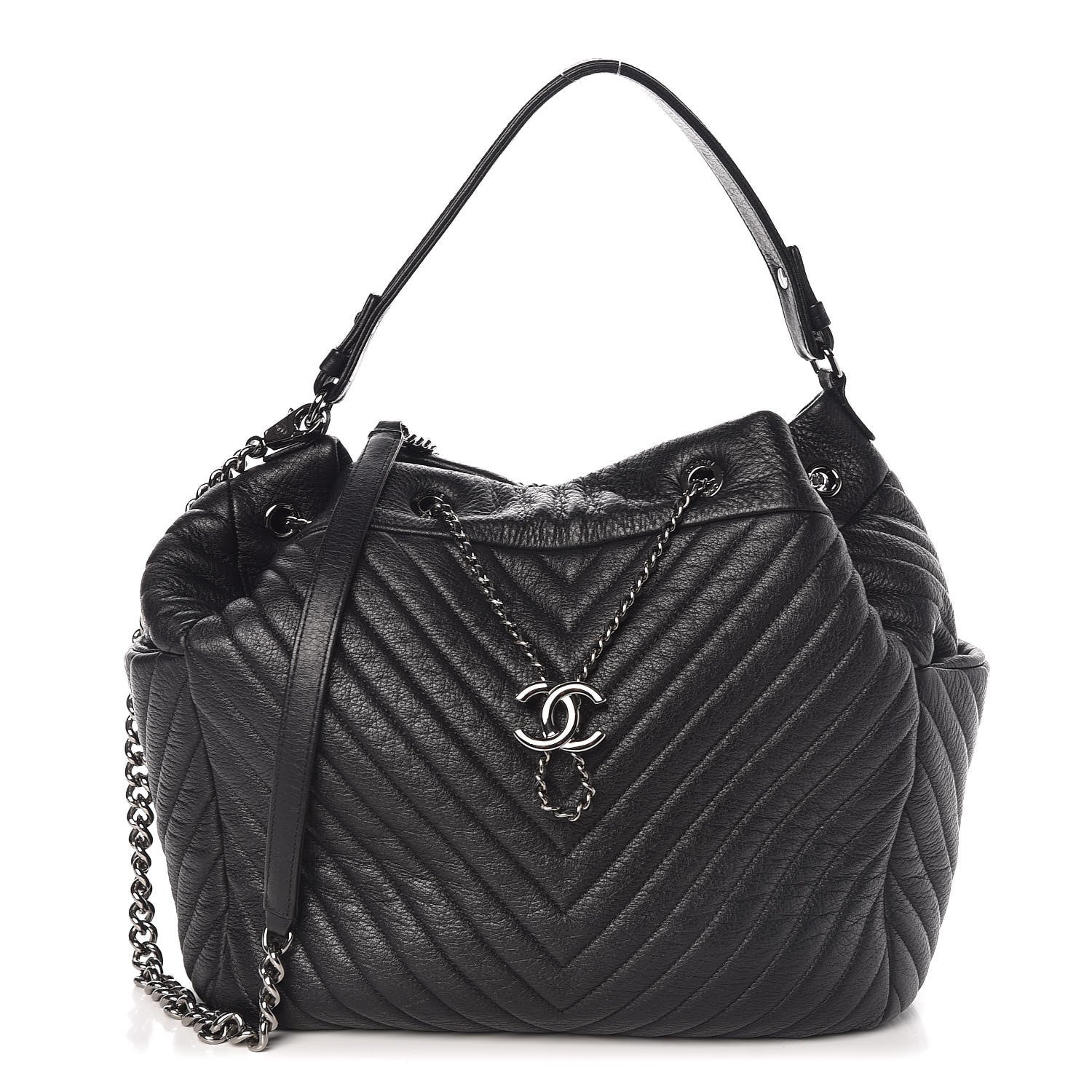 Chanel Deerskin Chevron Large CC Chain Bucket Drawstring Bag Black 1 of 10