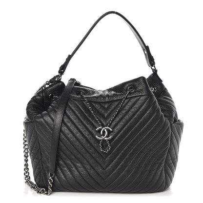 Chanel Deerskin Chevron Large CC Chain Bucket Drawstring Bag Black 1 of 10