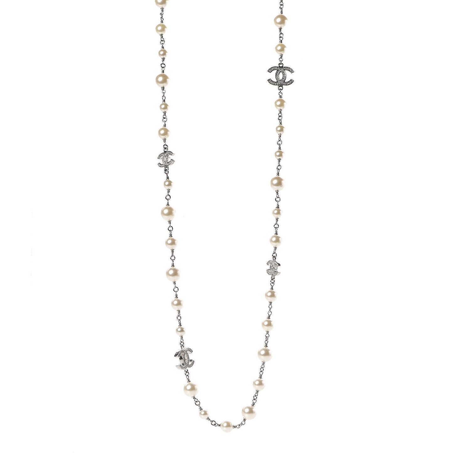Crystal Pearl CC Long Necklace Silver