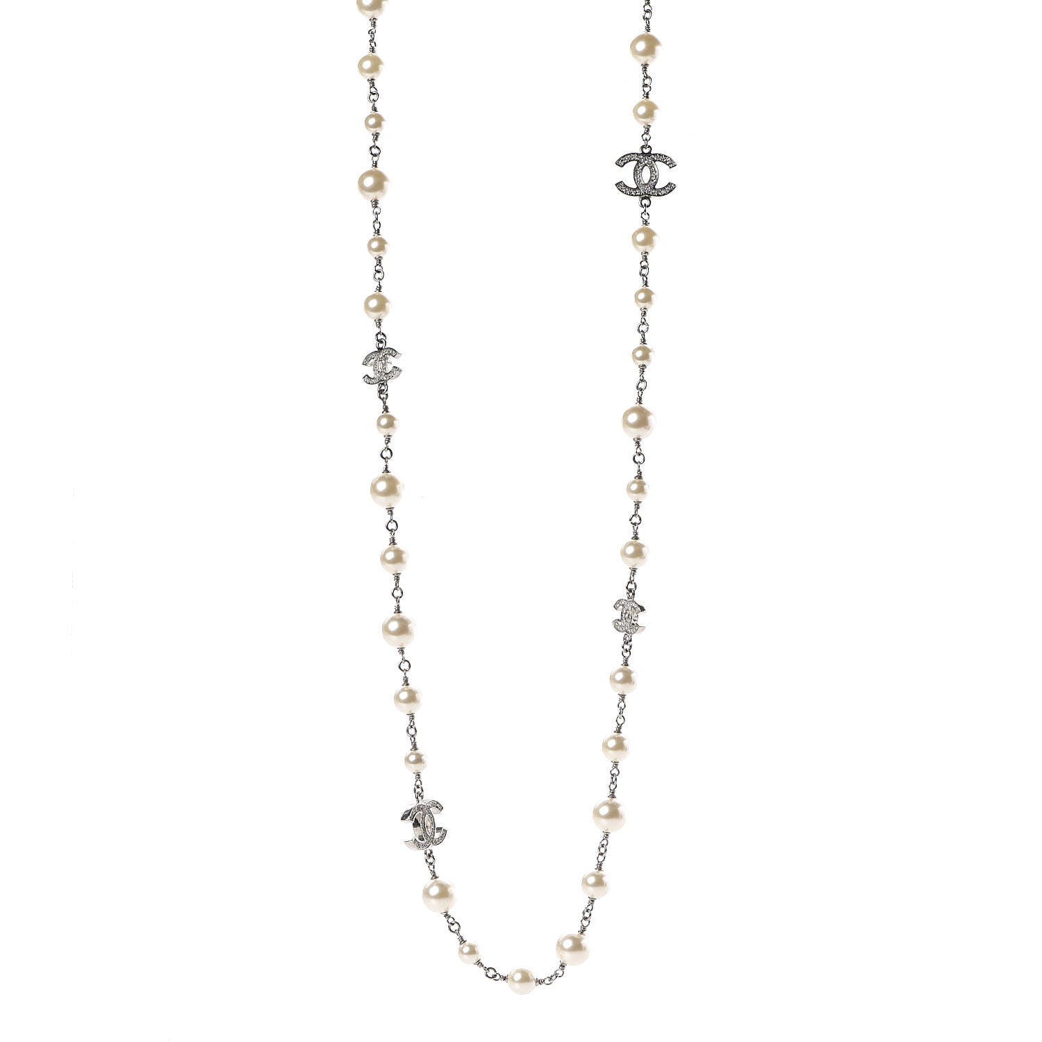 Chanel Crystal Pearl CC Long Necklace Silver 1 of 6