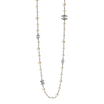 Chanel Crystal Pearl CC Long Necklace Silver 1 of 6