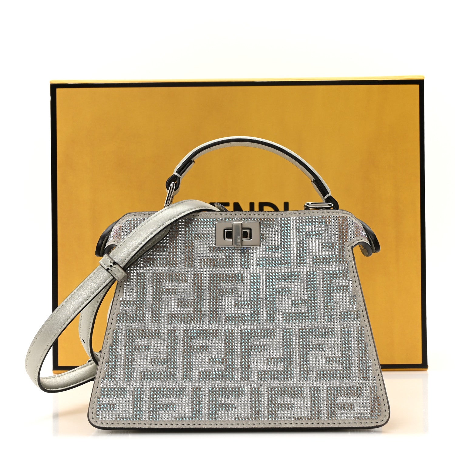 Fendi Iridescent Crystal Vitello Laminato Suede FF Petite Peekaboo I SEE U Satchel Cappuccino 10 of 10
