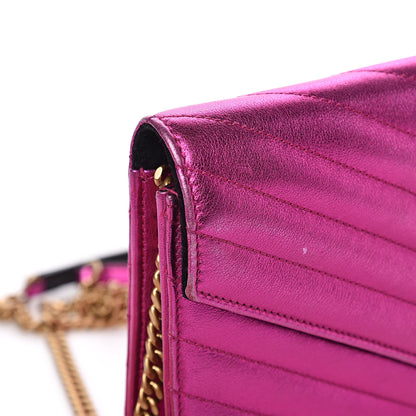 Saint Laurent Metallic Calfskin Matelasse Chevron Monogram Envelope Chain Wallet Fuchsia 11 of 13