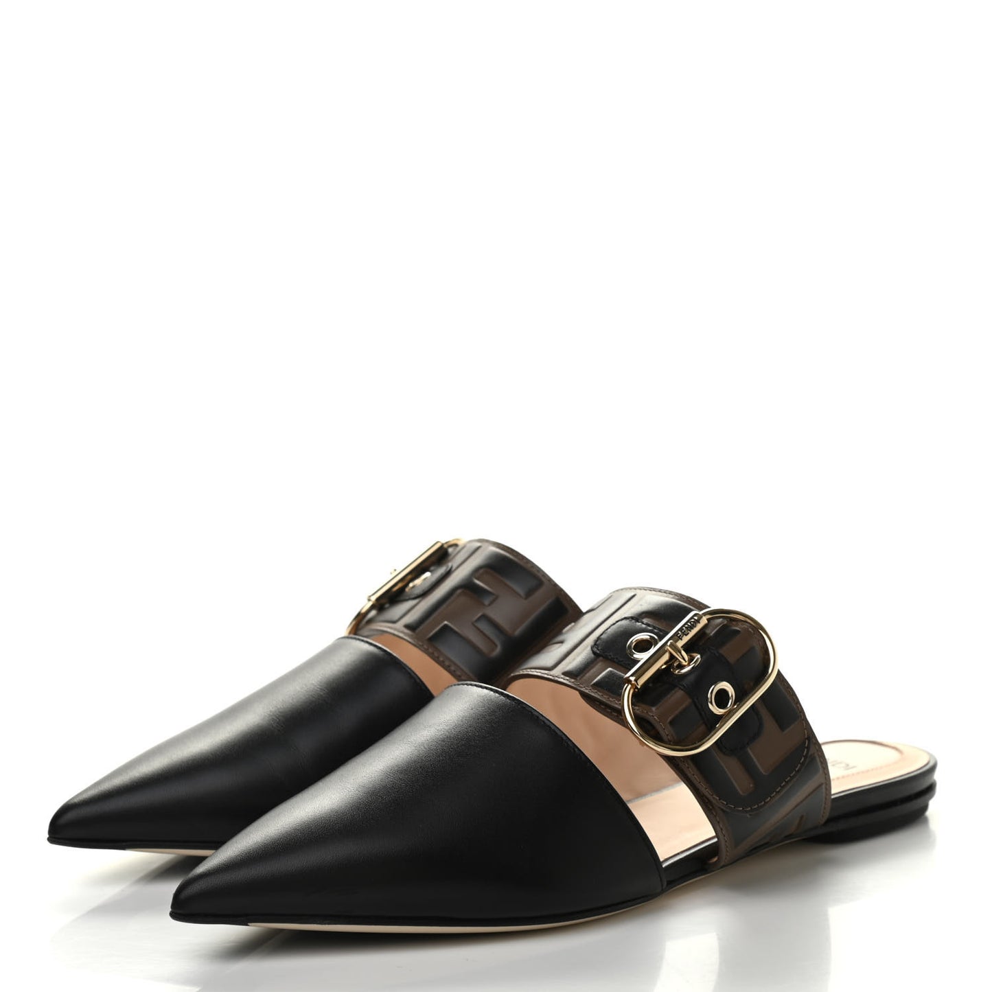 Vitello FF Embossed Buckle Flat Mules 35.5 Maya Black
