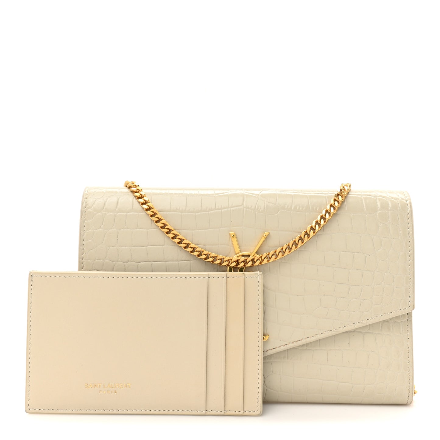 Calfskin Crocodile Embossed Monogram Uptown Chain Wallet Crema Soft