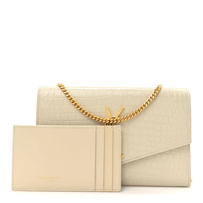 Saint Laurent Calfskin Crocodile Embossed Monogram Uptown Chain Wallet Crema Soft 3 of 15