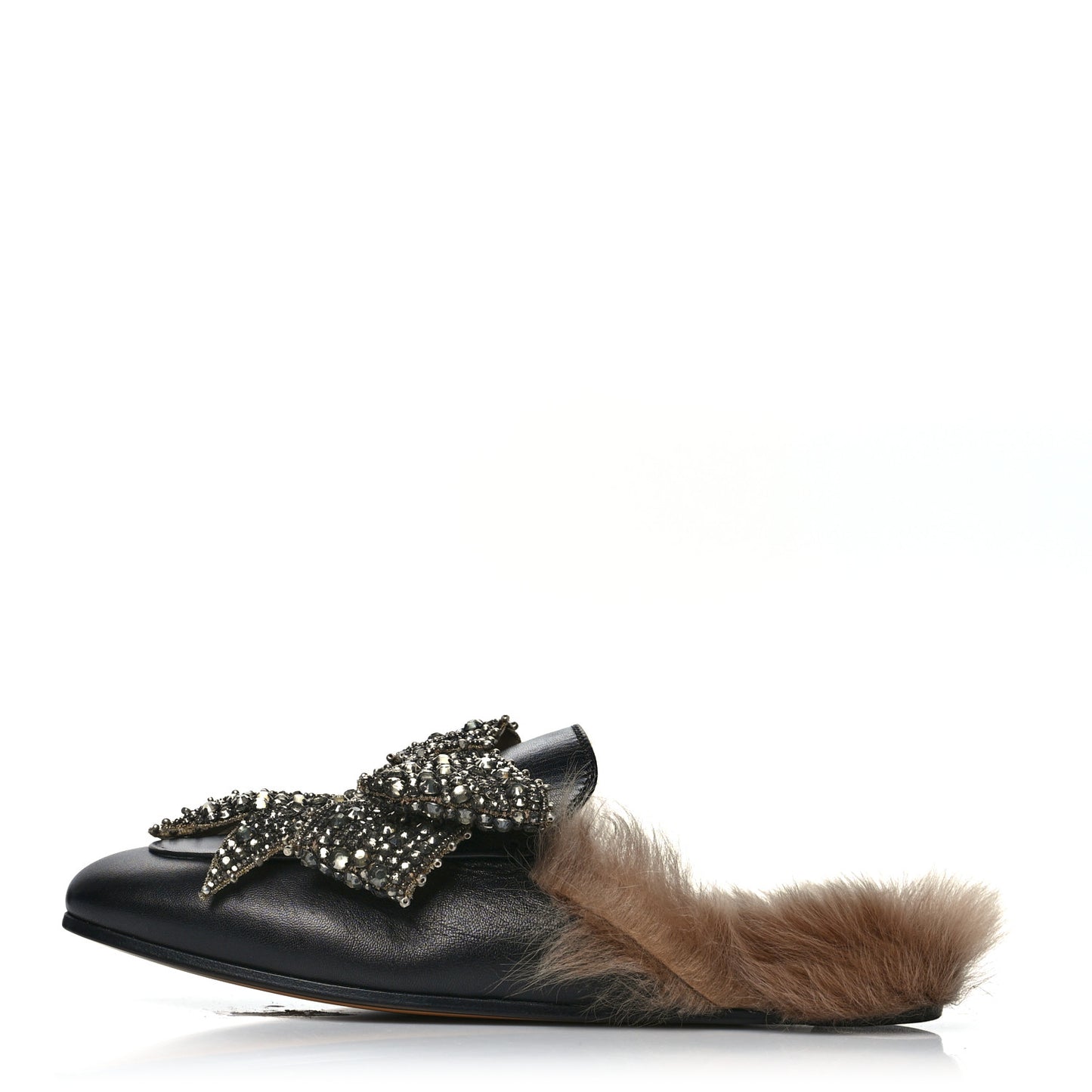 Malaga Kid Fur Crystal Bow Embroidered Womens Princetown Slippers 38.5 Black