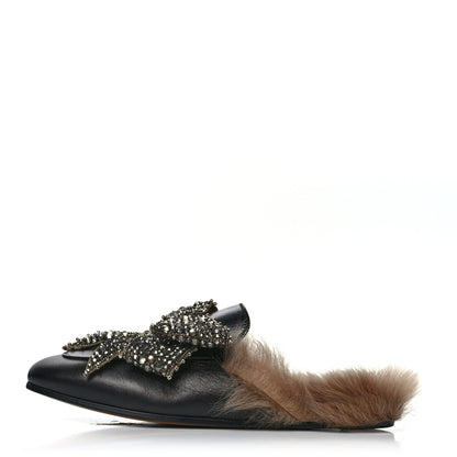 Gucci Malaga Kid Fur Crystal Bow Embroidered Womens Princetown Slippers 38.5 Black 1 of 7