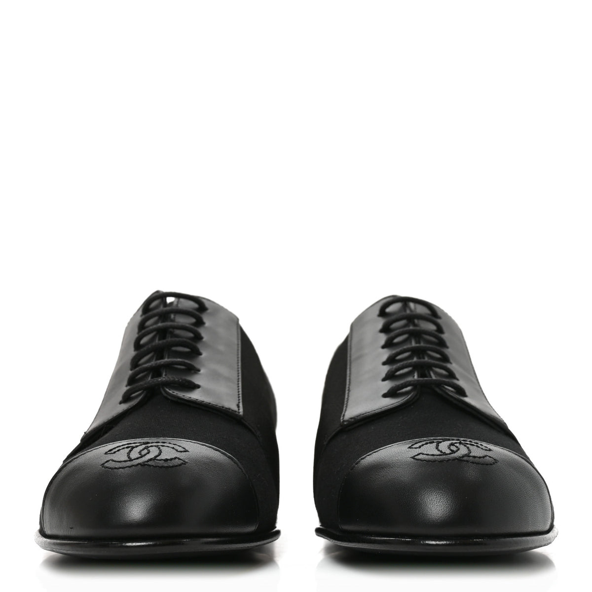 Calfskin Elastic Lace Up Cap Toe CC Loafers 35.5 Black
