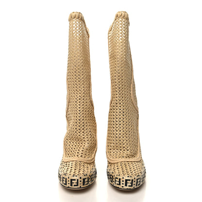 Fendi Raffia FF Woven Mid Calf 95mm Boots 37.5 Naturale Black 2 of 7