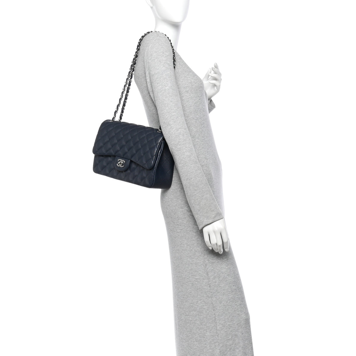 Caviar Quilted Jumbo Double Flap Navy Blue