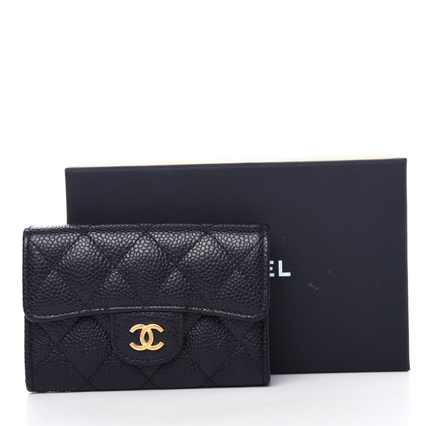 Caviar Quilted Flap Card Holder Wallet Black