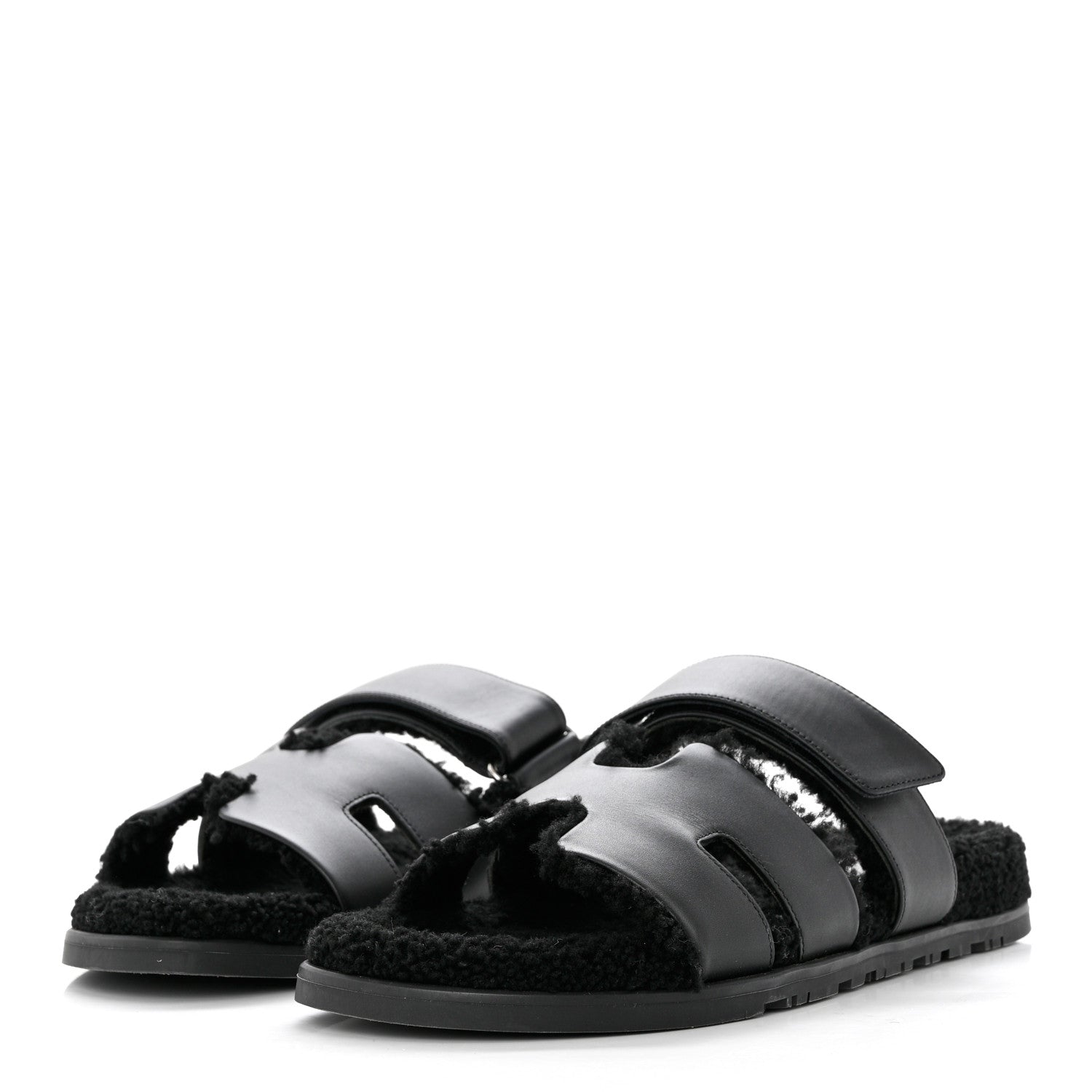 Hermes Calfskin Woolskin Mens Chypre Sandals 43 Black 3 of 8