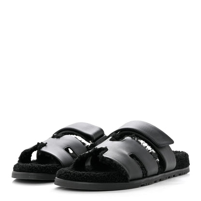 Hermes Calfskin Woolskin Mens Chypre Sandals 43 Black 3 of 8