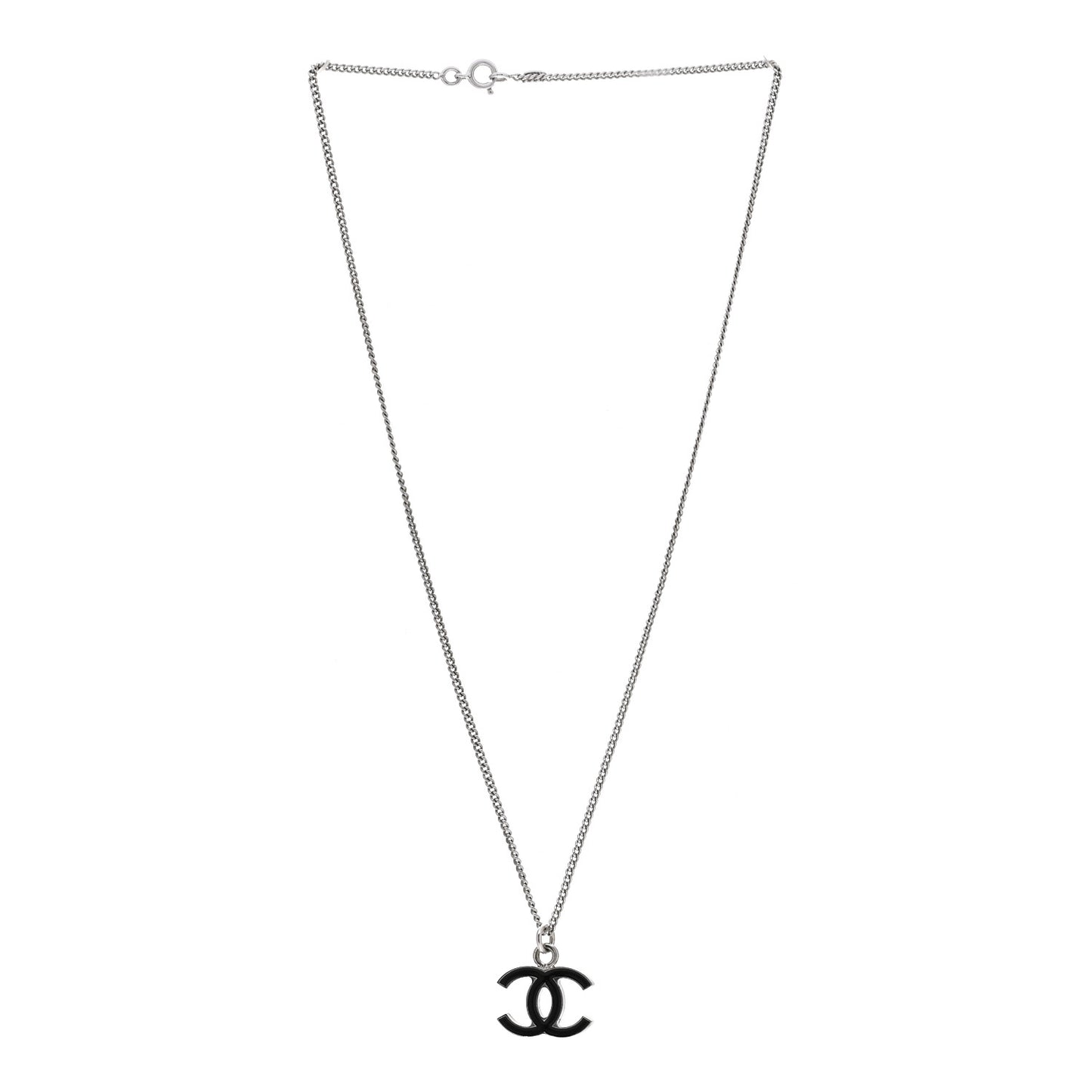 Enamel CC Pendant Necklace Black Silver
