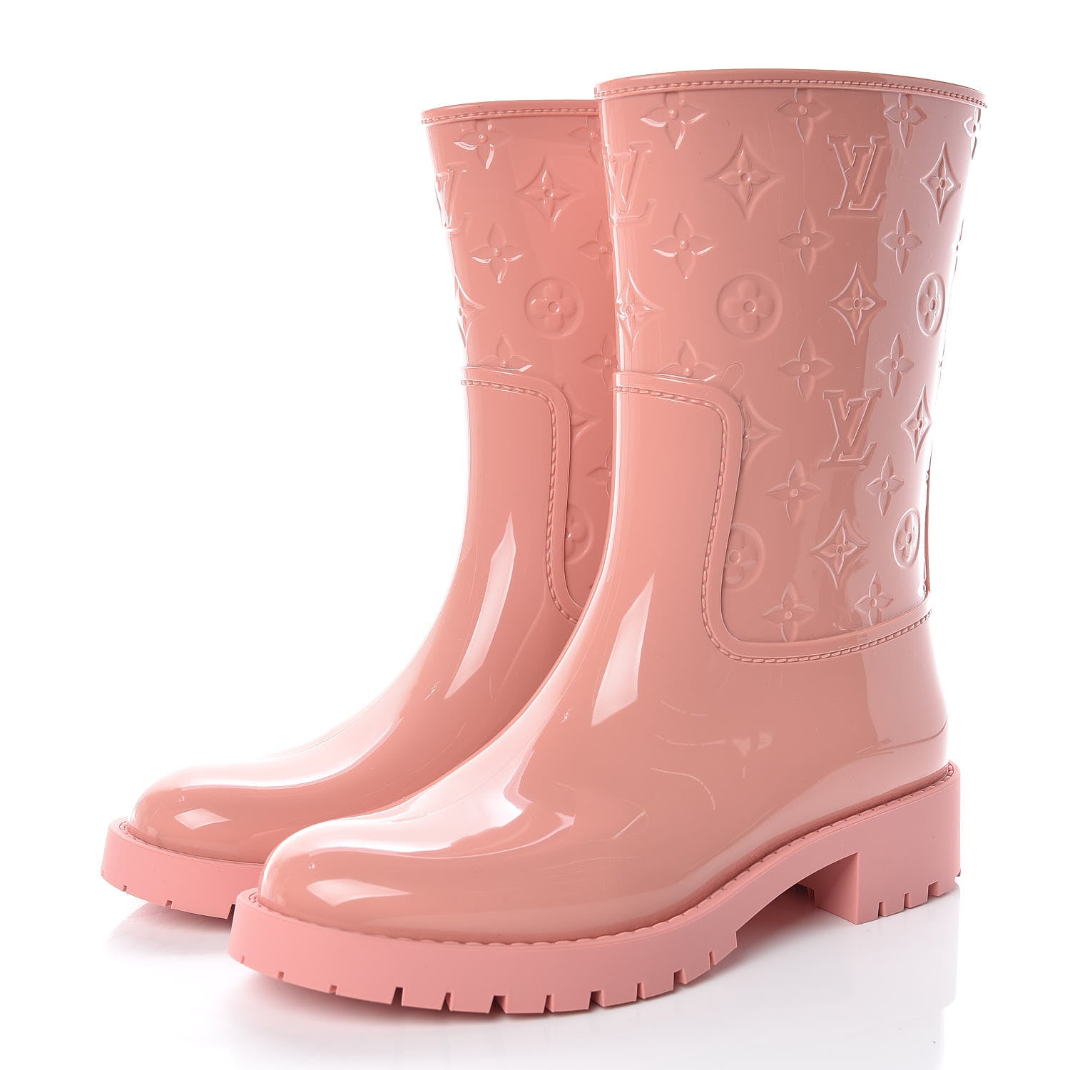 LOUIS VUITTON ピンクラバー　レイン　ブーツ Louis Vuitton Rubber Embossed Monogram Drops Flat Half Boots 39