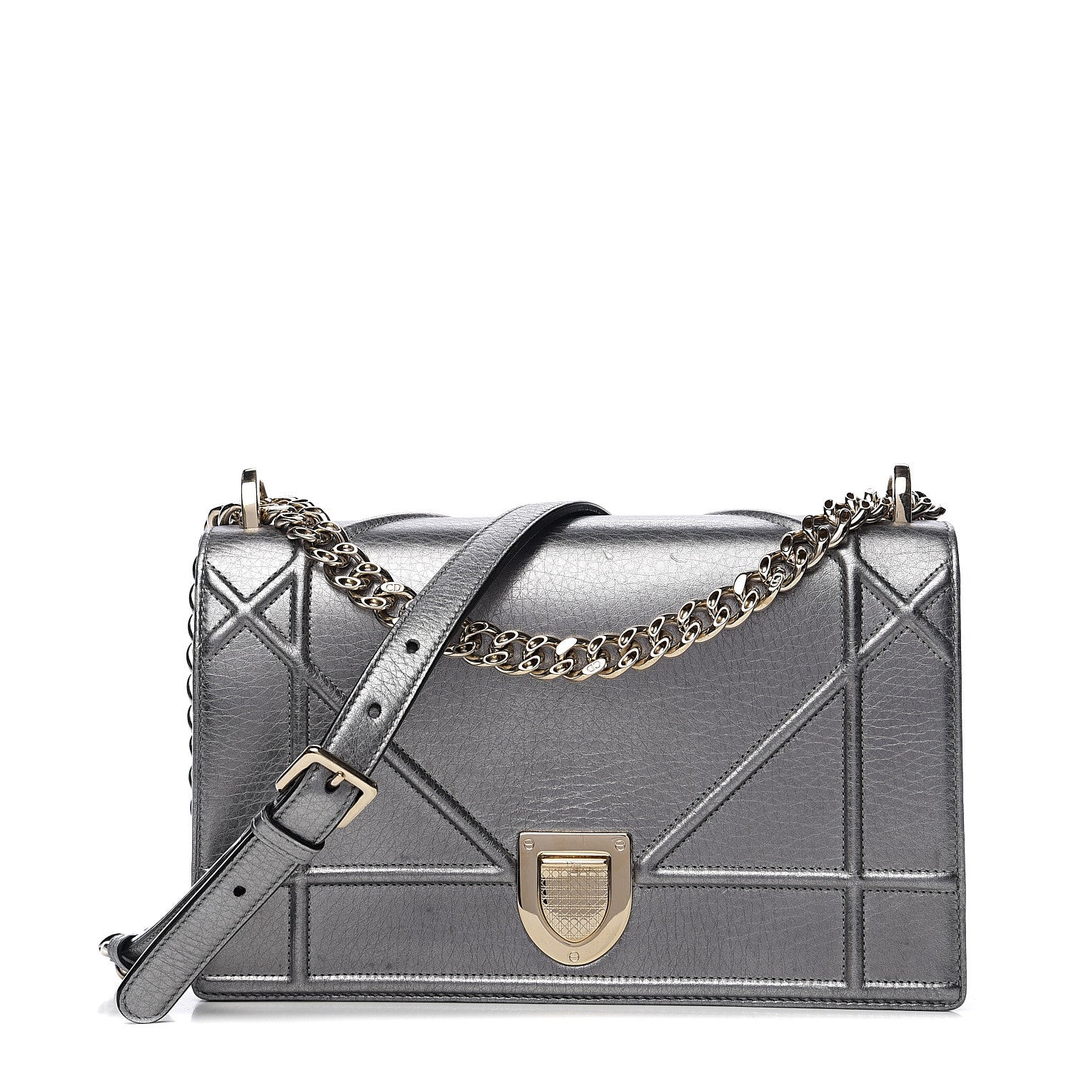 Christian Dior Metallic Grained Calfskin Medium Diorama Flap Bag Silver 1 of 10