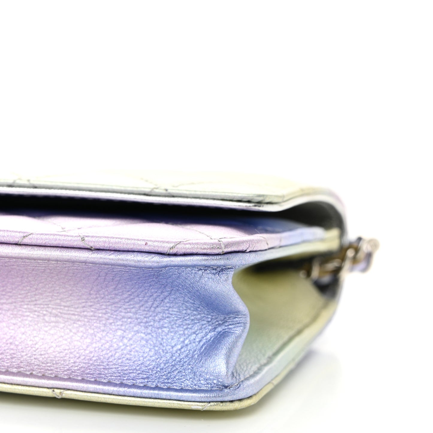 Gradient Metallic Calfskin Quilted Wallet On Chain WOC Silver Blue Yellow Purple
