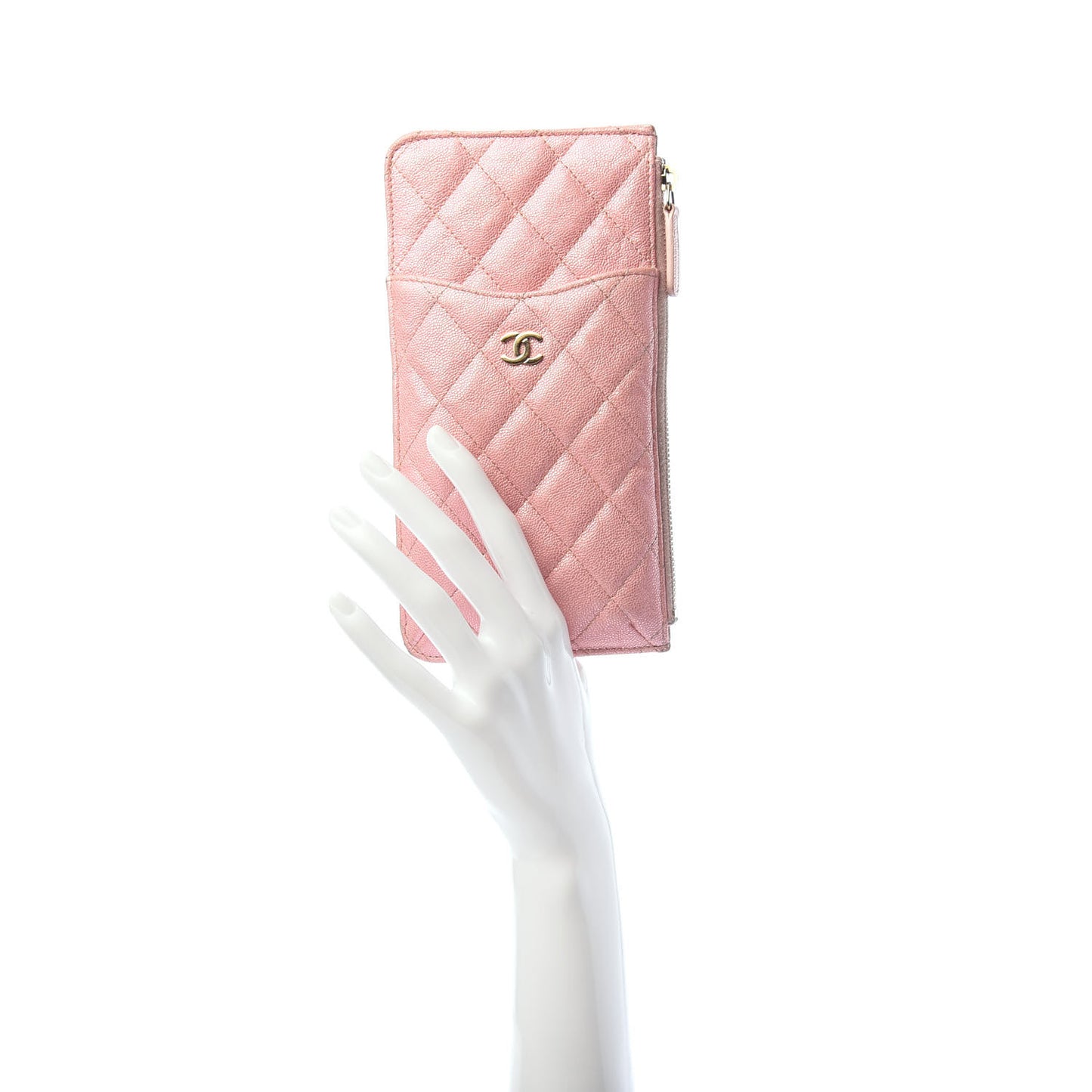 Iridescent Caviar Quilted Classic Flat Wallet Pouch Pink