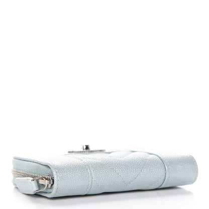 Chanel Metallic Caviar Chevron Quilted Vintage Mademoiselle Zip Coin Purse Light Blue 4 of 8