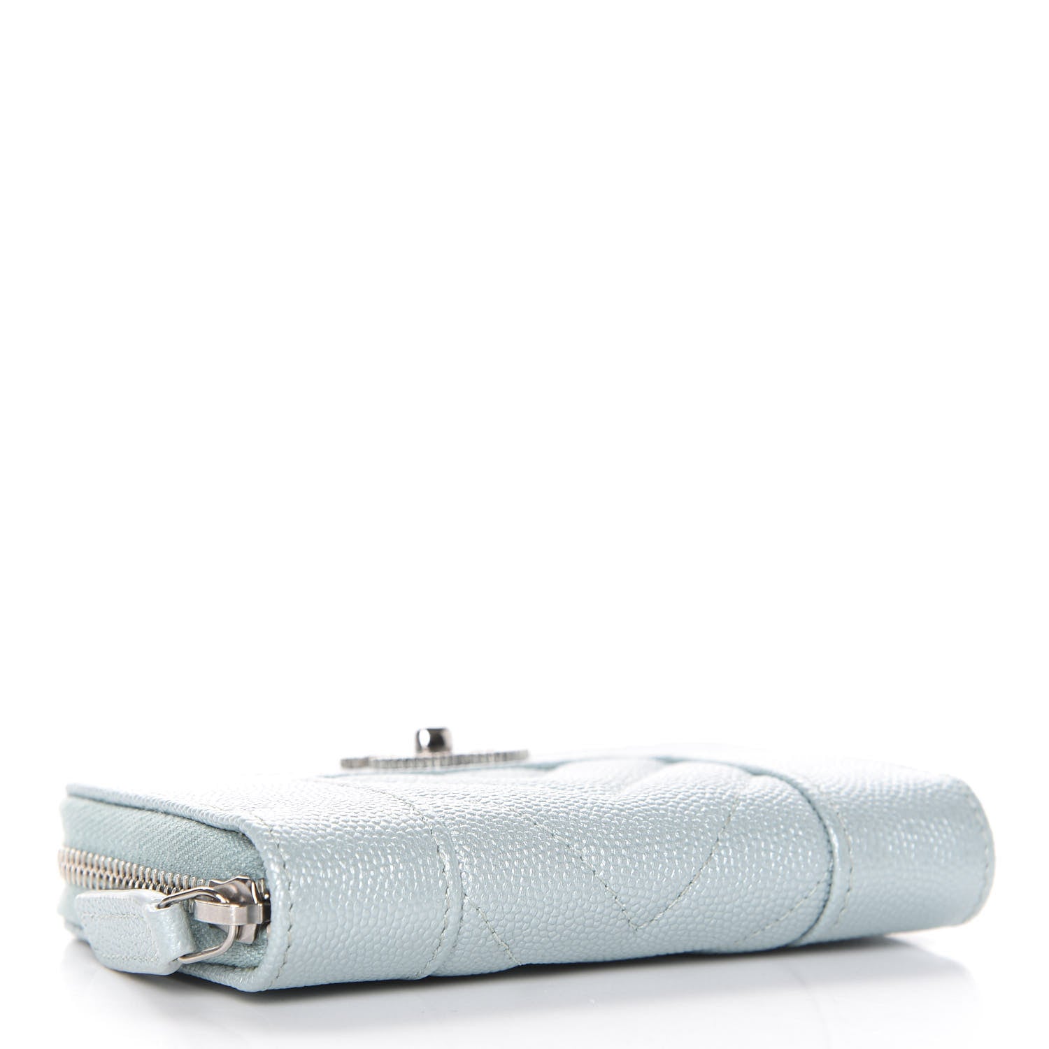 Chanel Metallic Caviar Chevron Quilted Vintage Mademoiselle Zip Coin Purse Light Blue 4 of 8