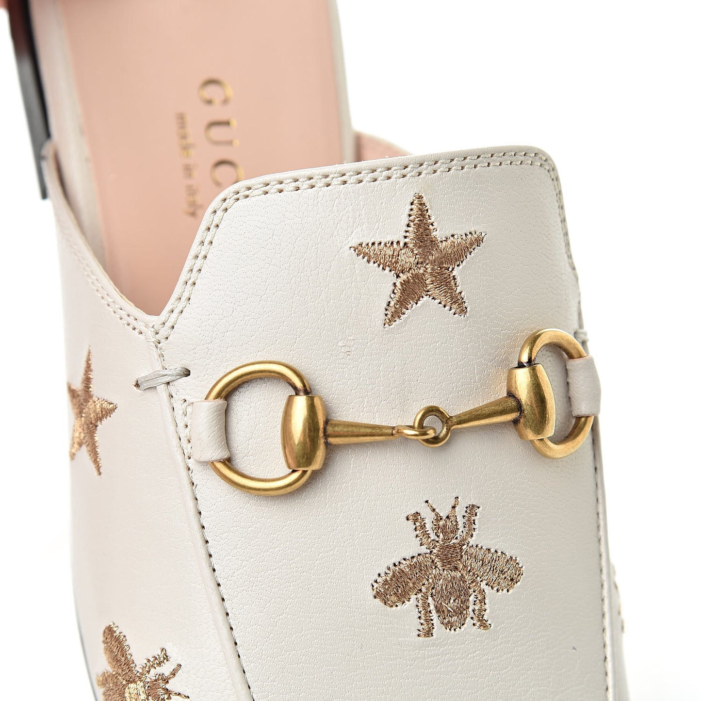 Goatskin Bee Star Embroidered Womens Princetown Slippers 34 Mystic White