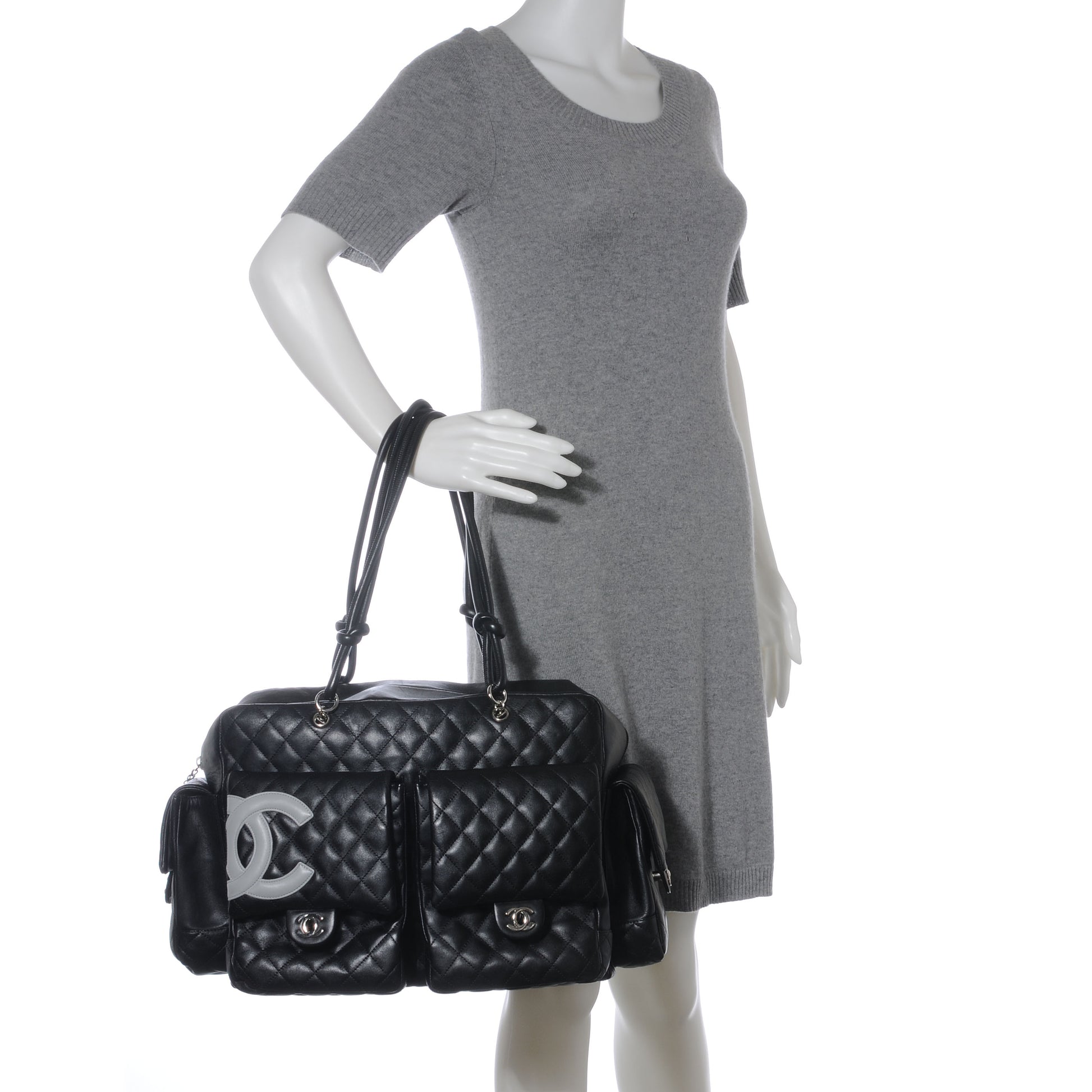 Chanel Calfskin Quilted XL Cambon Multipocket Reporter Black White 2 of 8