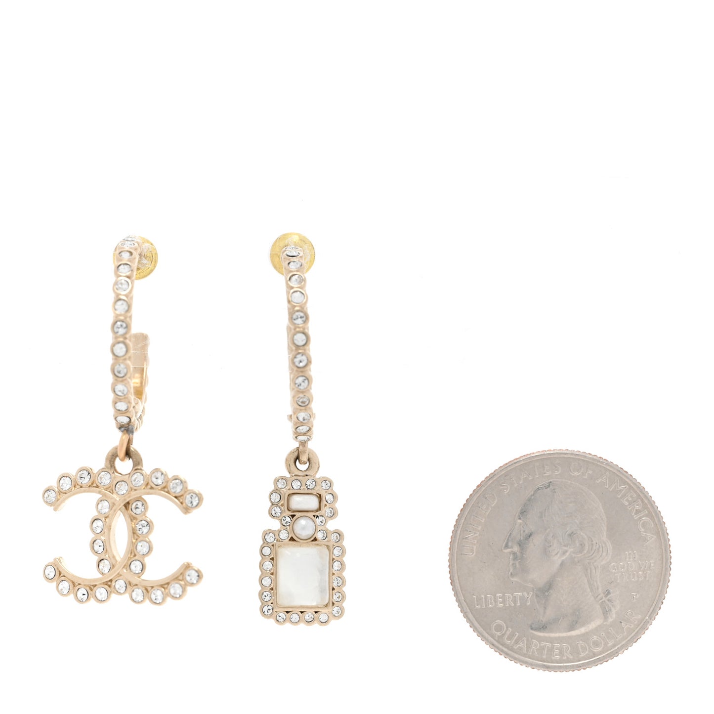 Crystal Pearl CC Perfume Bottle Drop Hoop Earrings Gold