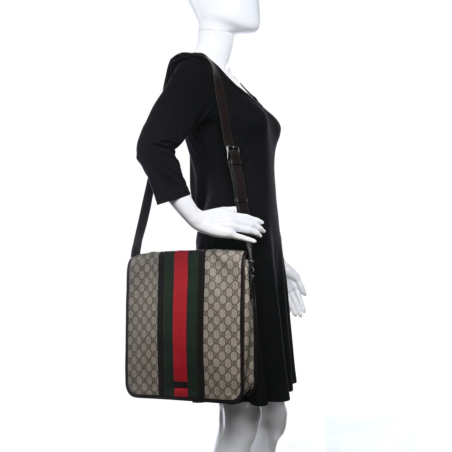 GG Plus Monogram Web Large Flap Messenger Bag Beige Dark Brown