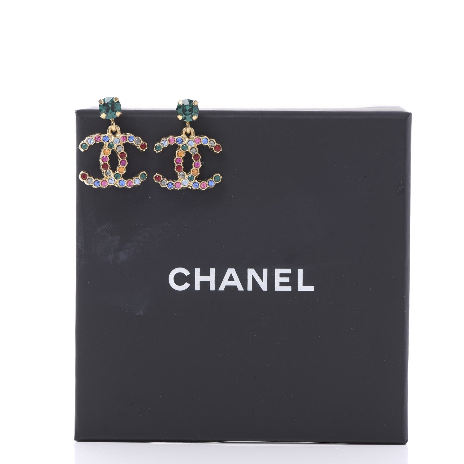 Chanel Crystal CC Drop Earrings Gold Multicolor 5 of 5