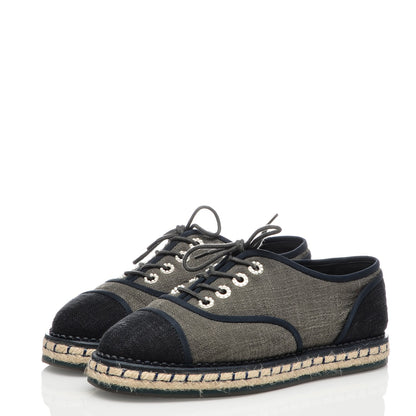 Chanel Cotton Lace Up Espadrilles 37 Dark Green Black 3 of 8