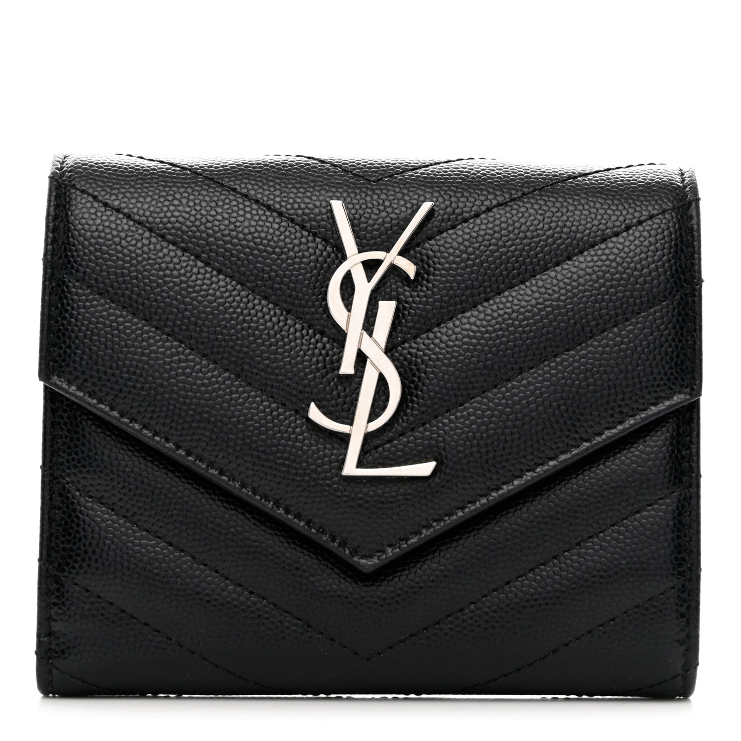 Saint Laurent Grain De Poudre Matelasse Chevron Monogram Compact Tri Fold Wallet Black 1 of 7