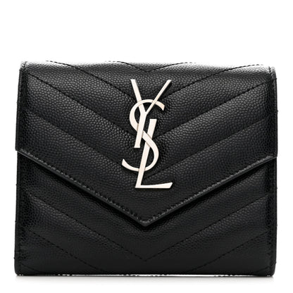 Saint Laurent Grain De Poudre Matelasse Chevron Monogram Compact Tri Fold Wallet Black 1 of 7