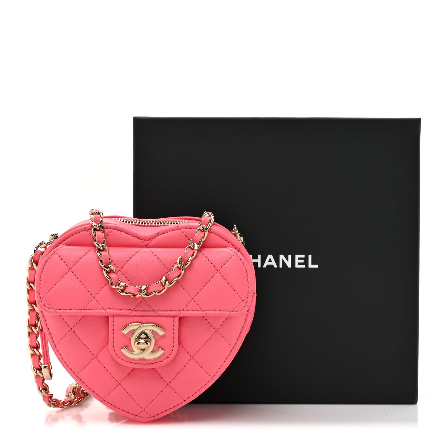 Lambskin Quilted CC In Love Heart Clutch With Chain Pink