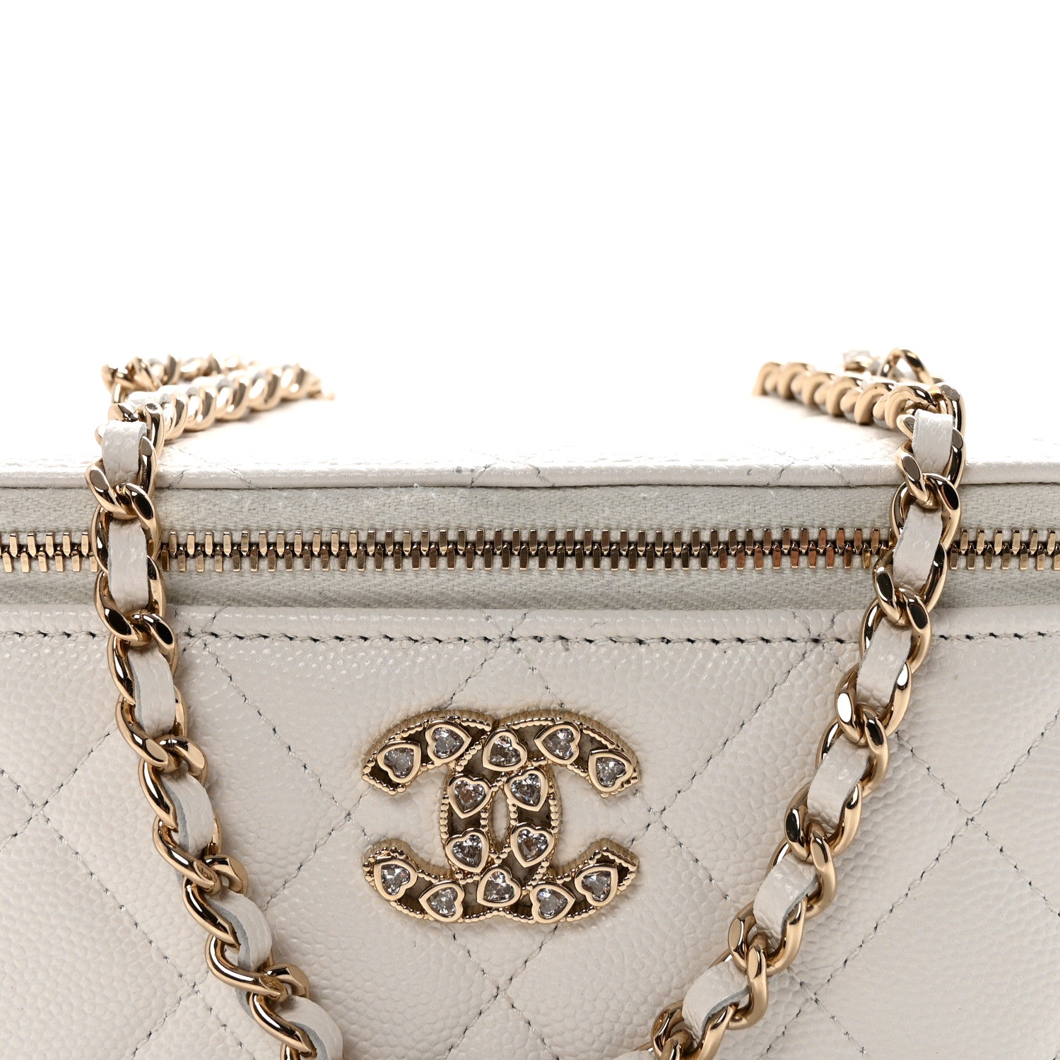 Chanel Caviar Quilted Crystal Hearts Small Vanity Case With Chain White 8 of 10
