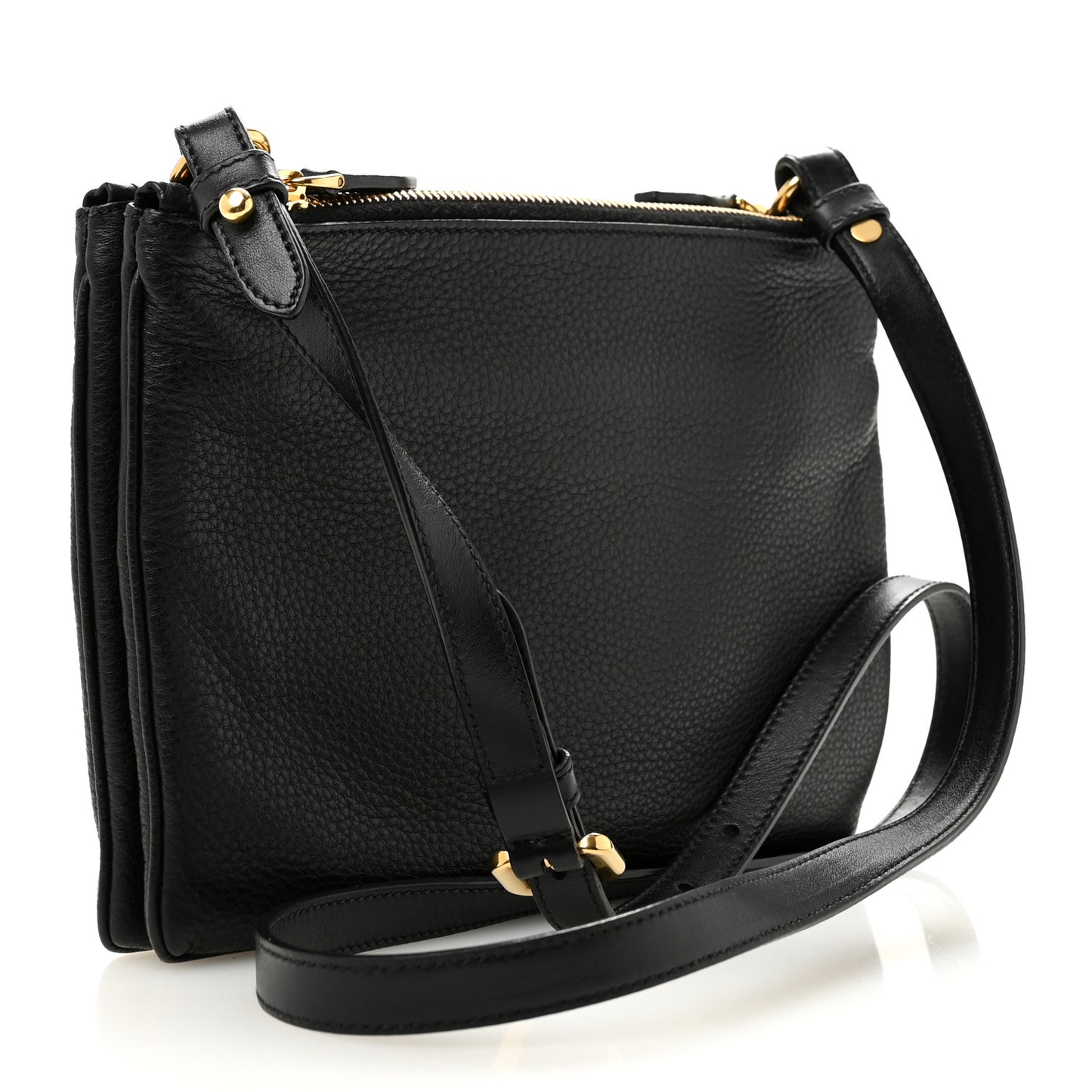 Vitello Daino Double Zip Crossbody Bag Black