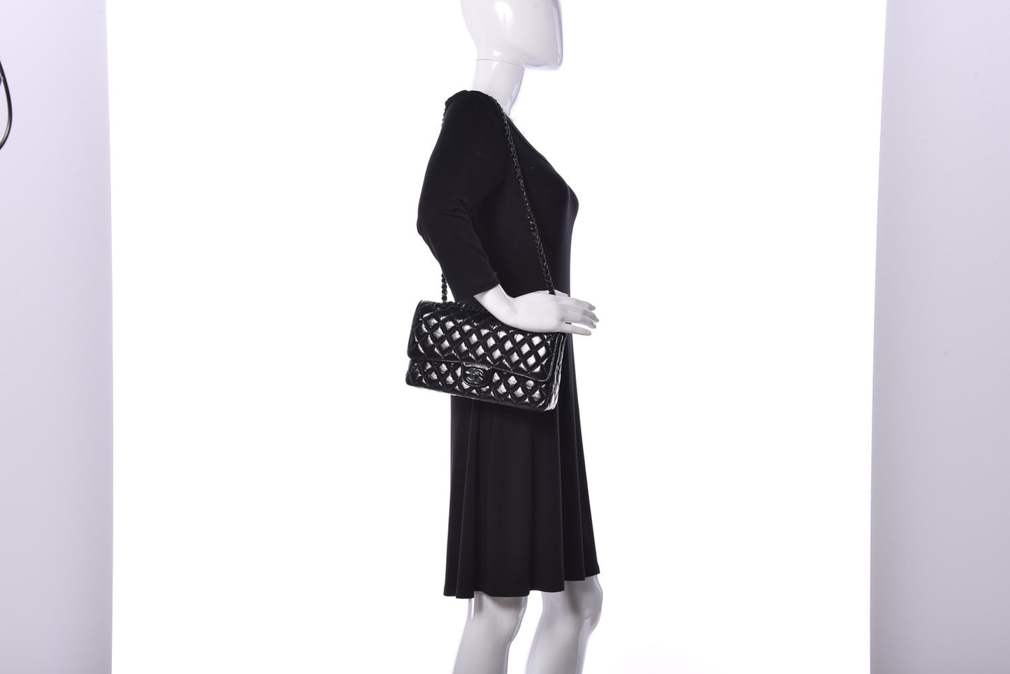 Shiny Crumpled Calfskin Quilted Medium Double Flap So Black