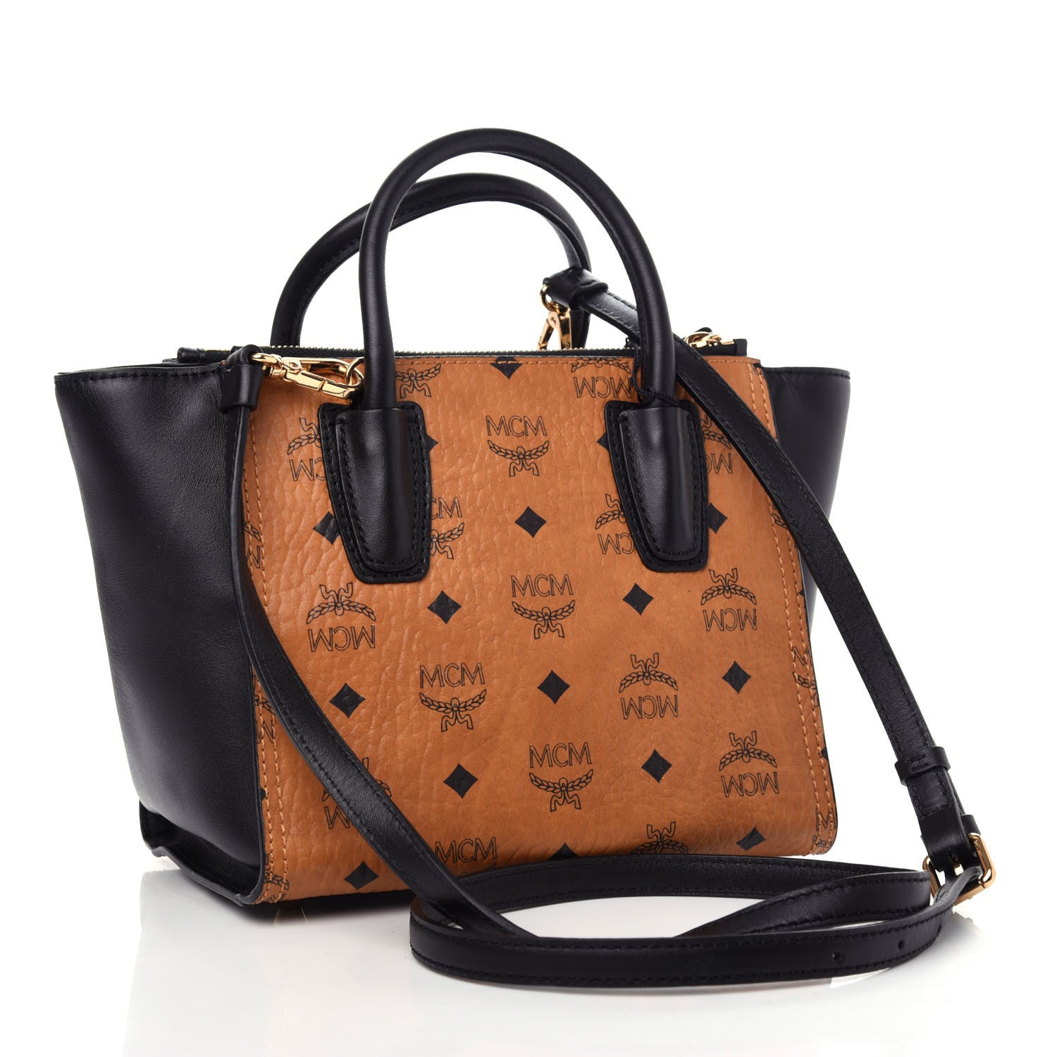 MCM Visetos Small Kathy Double Zip Tote Cognac Black 3 of 9