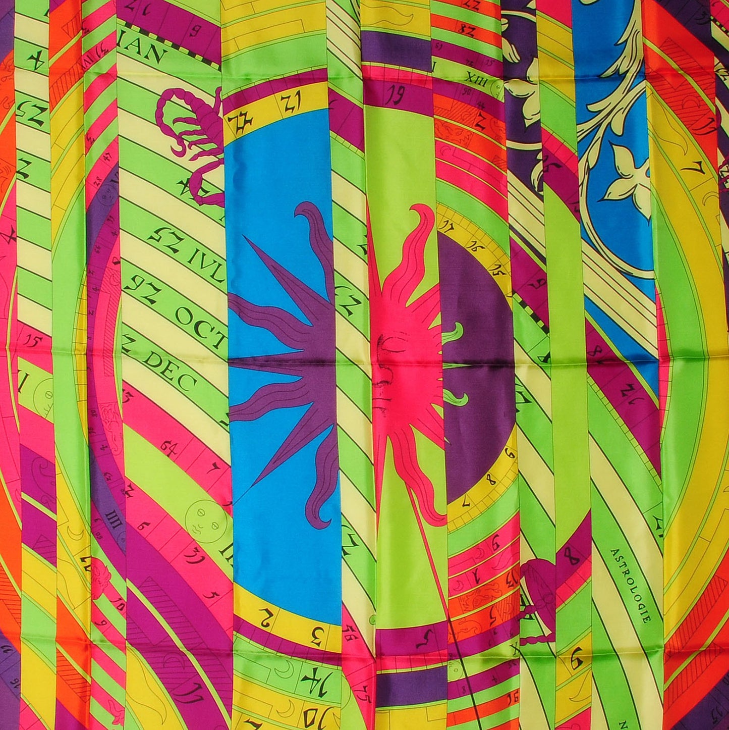 Summer Twill Silk Astrologie Nouvelle Scarf 140 Vert Fluo Rose Indien Cobalt