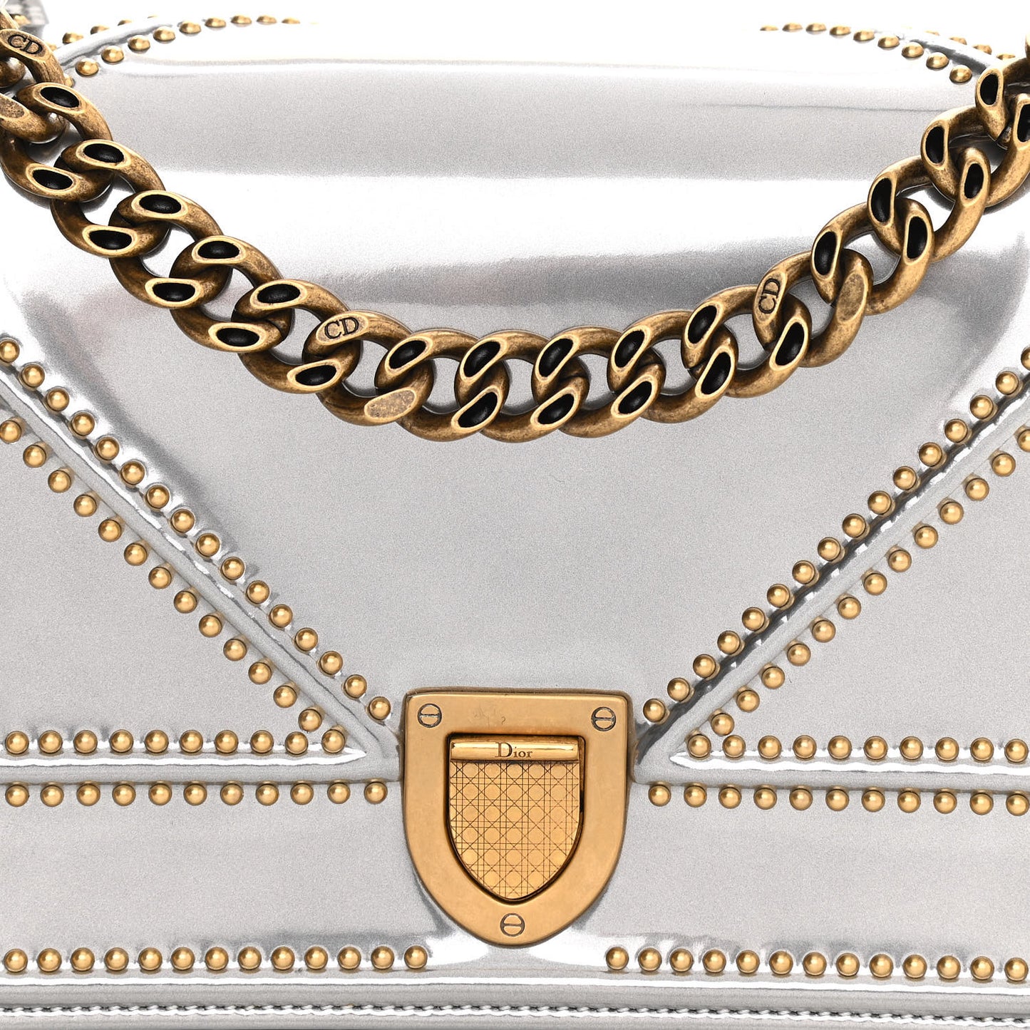 Metallic Patent Studded Small Diorama Flap Bag Silver