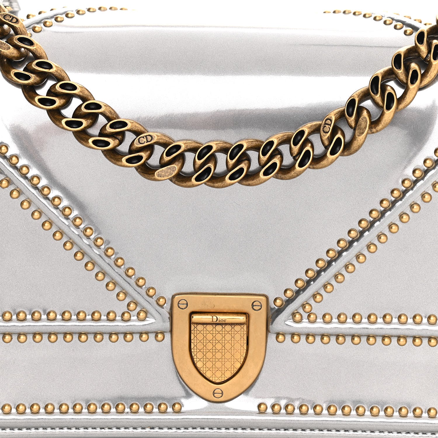 Christian Dior Metallic Patent Studded Small Diorama Flap Bag Silver 7 of 10