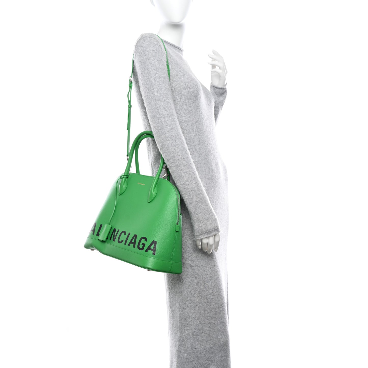 Signature Grained Calfskin Logo M Ville Top Handle Bag Green