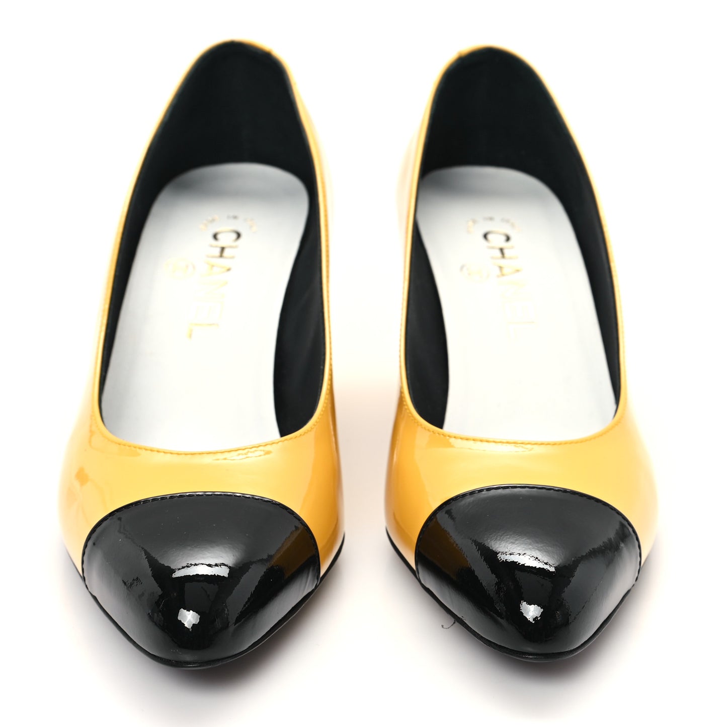 Patent Calfskin Cap Toe CC Pumps 37.5 Black Yellow