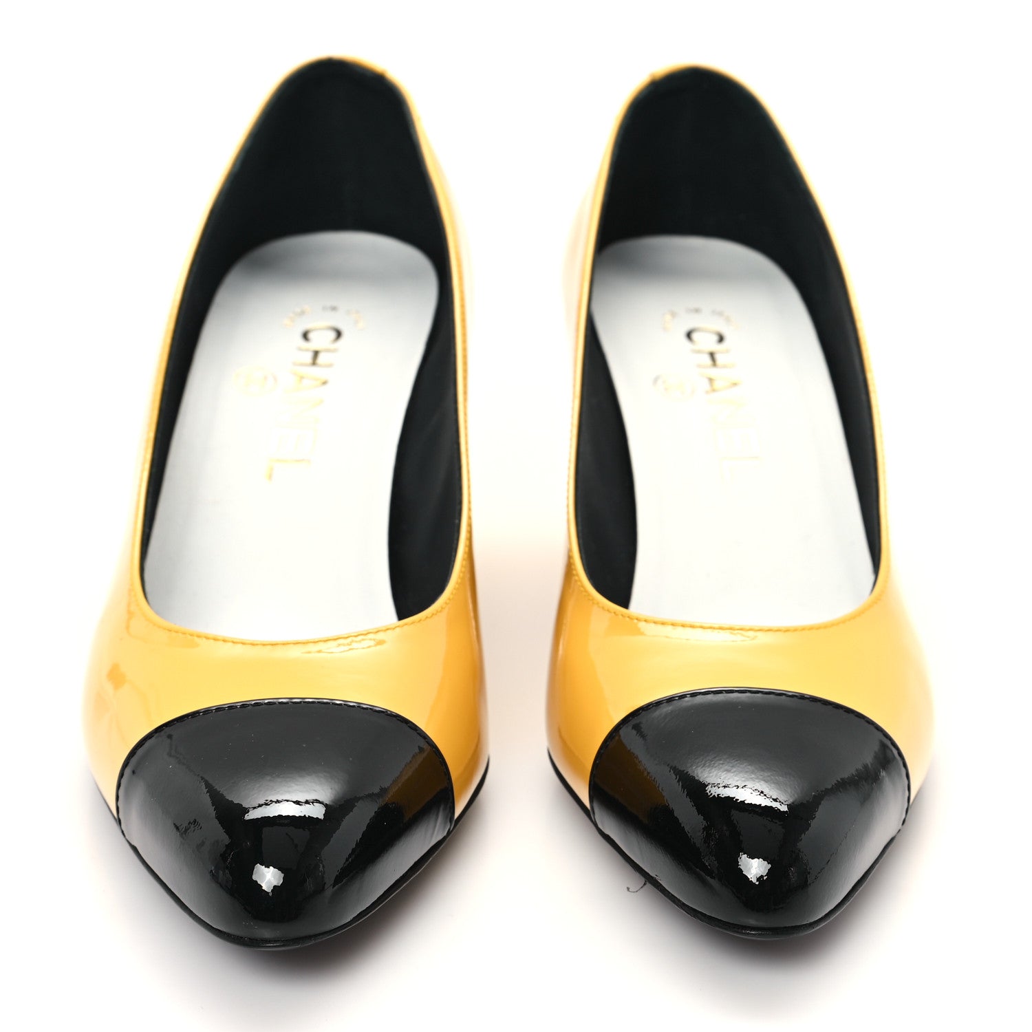 Chanel Patent Calfskin Cap Toe CC Pumps 37.5 Black Yellow 3 of 10