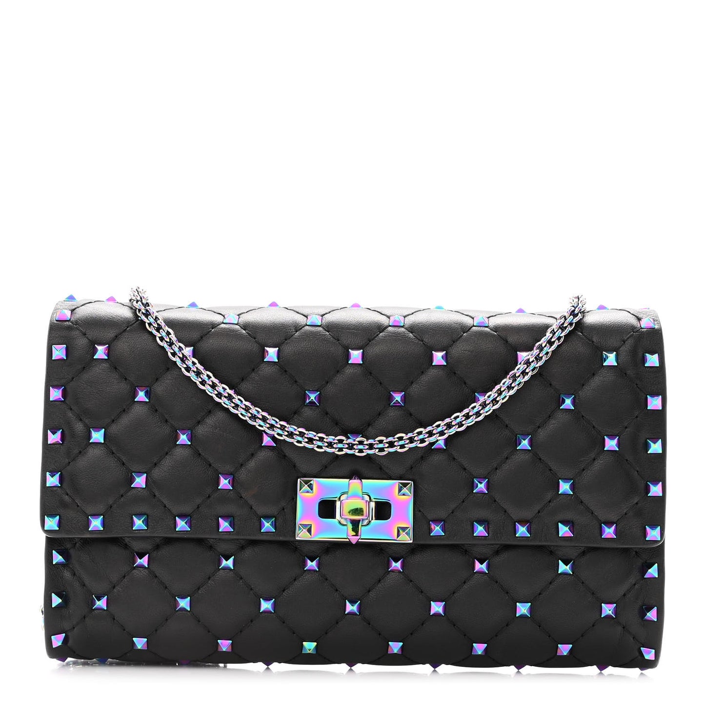 Lambskin Oil Slick Rockstud Spike Wallet on Chain Black