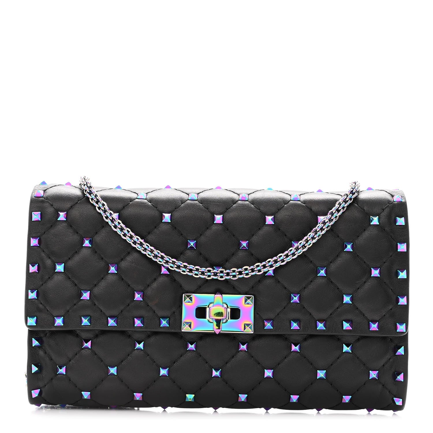 Valentino Garavani Lambskin Oil Slick Rockstud Spike Wallet on Chain Black 1 of 10
