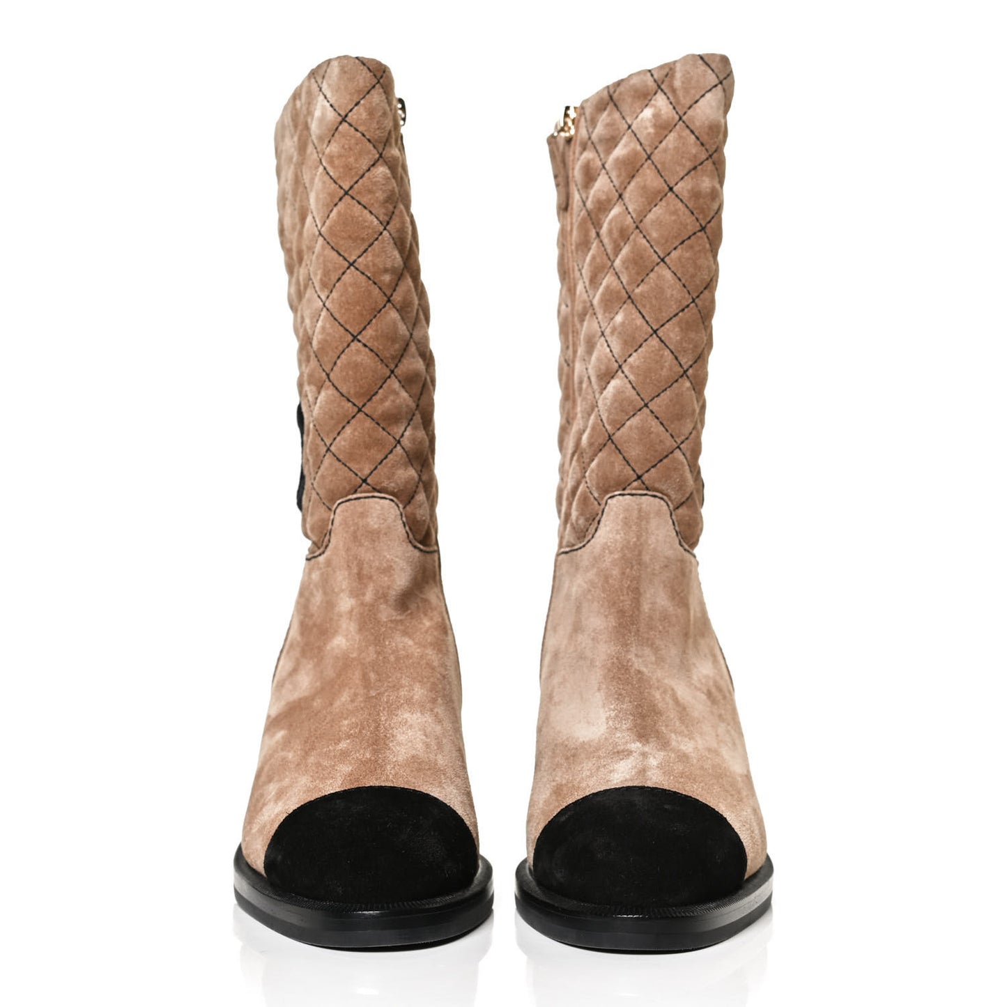 Suede Quilted CC High Boots 38 Dark Beige Black