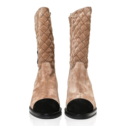 Chanel Suede Quilted CC High Boots 38 Dark Beige Black 2 of 11