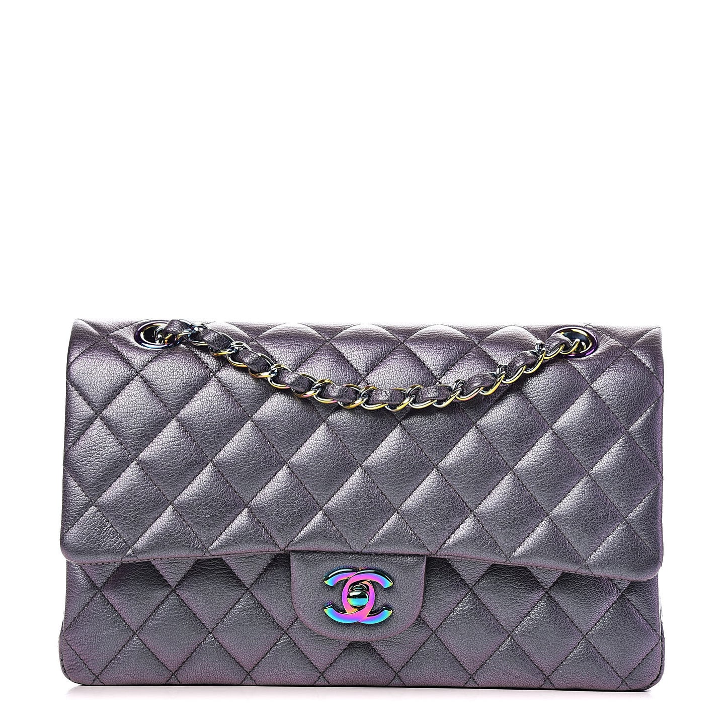 Iridescent Goatskin Quilted Medium Double Flap Purple