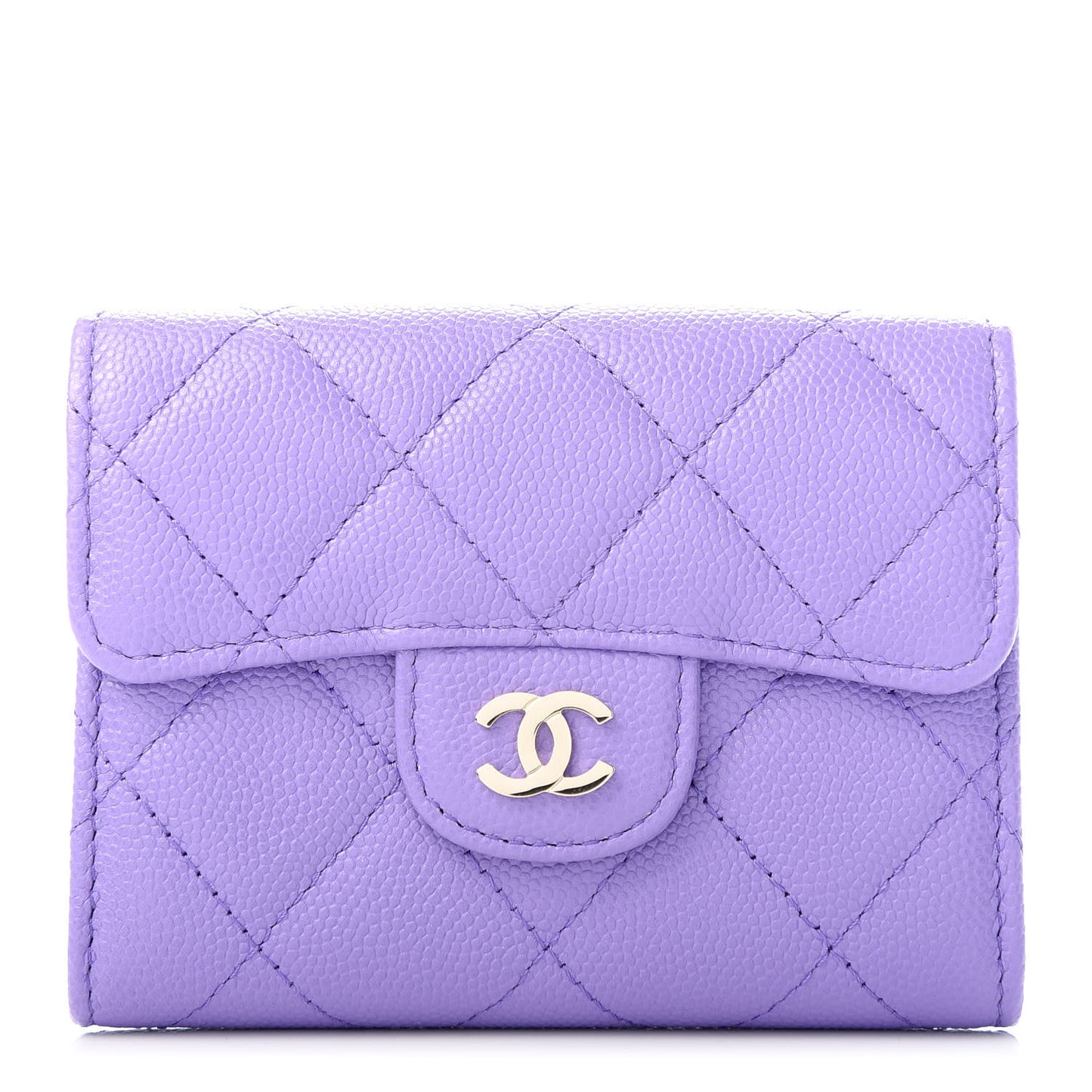 Caviar Quilted Flap Card Holder Wallet Purple